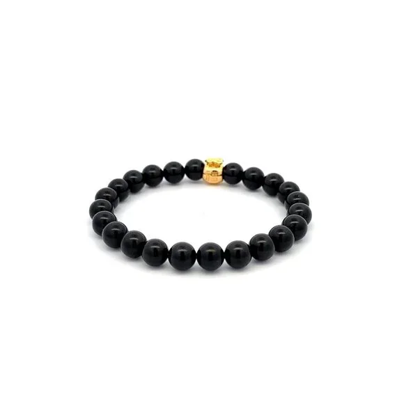 18K Gold Charm Bracelet Natural Black Tourmaline Gemstones 6mm Money Bag - Picture 5 of 5